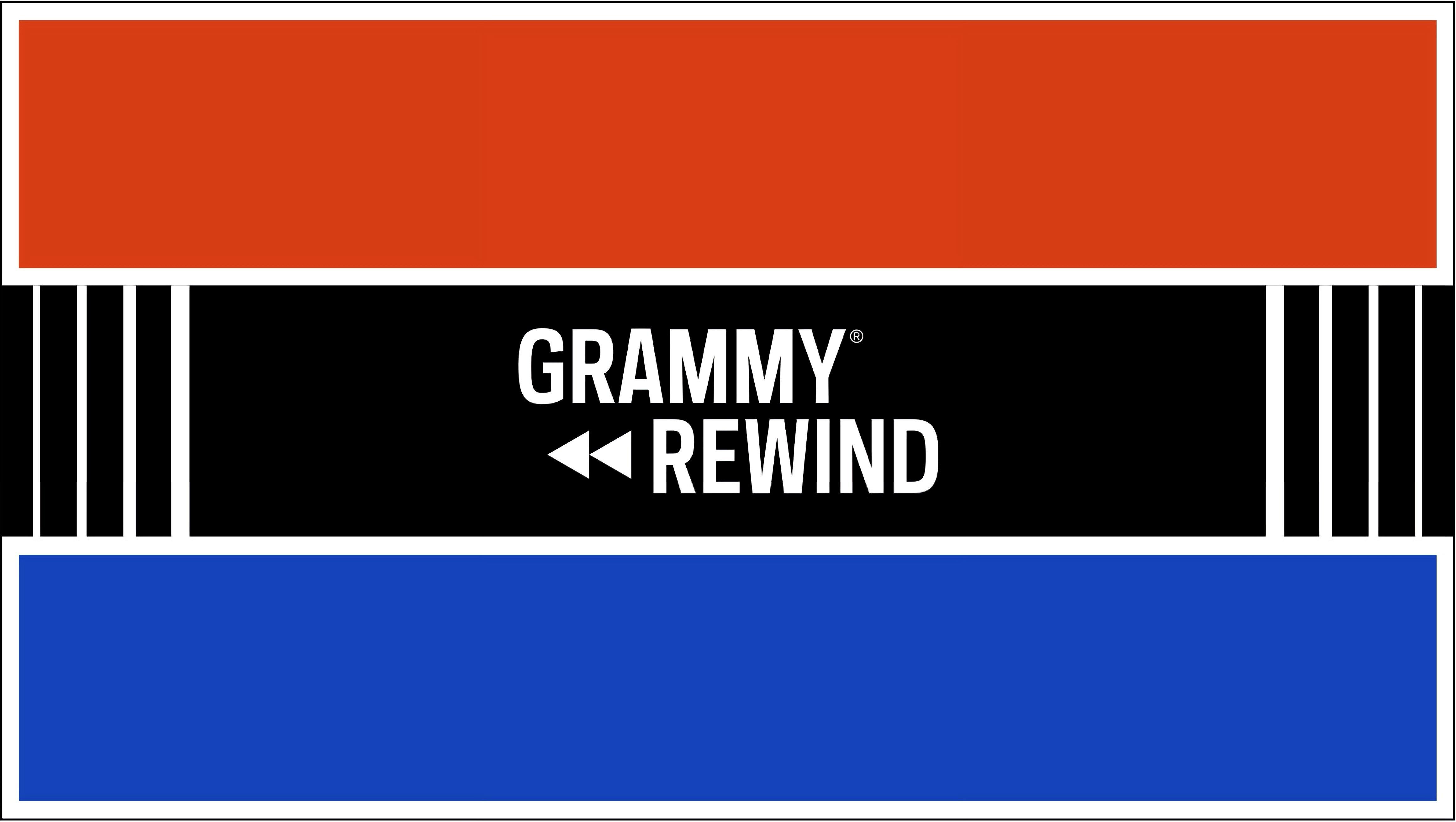 A graphic promoting the Recording Academy's GRAMMY Rewind video series. The words "GRAMMY Rewind" are written in white text atop a black, red, and blue background.